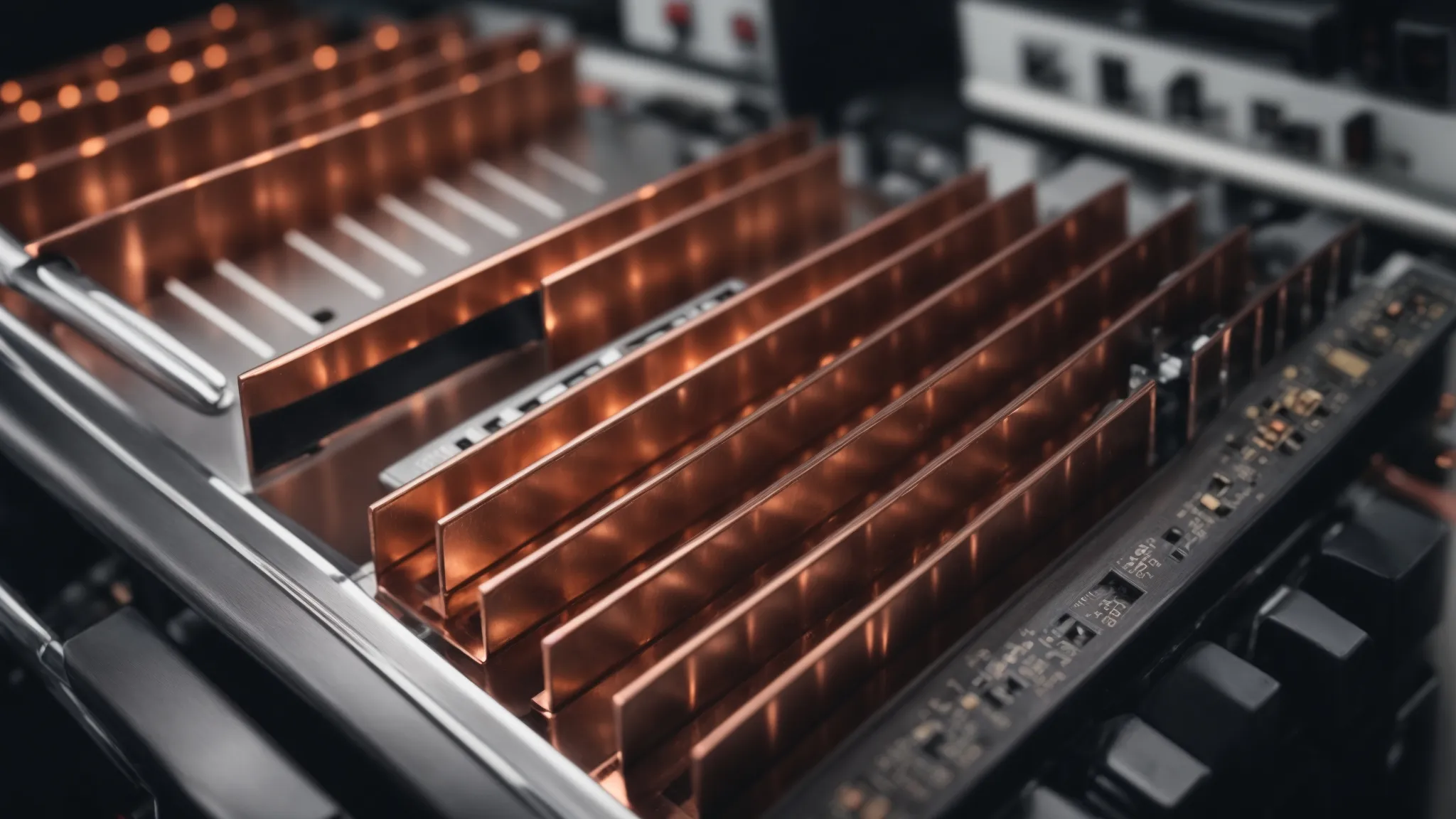 copper and aluminum busbars are displayed side by side against a backdrop of electrical circuitry, symbolizing their comparison in electrical distribution systems.