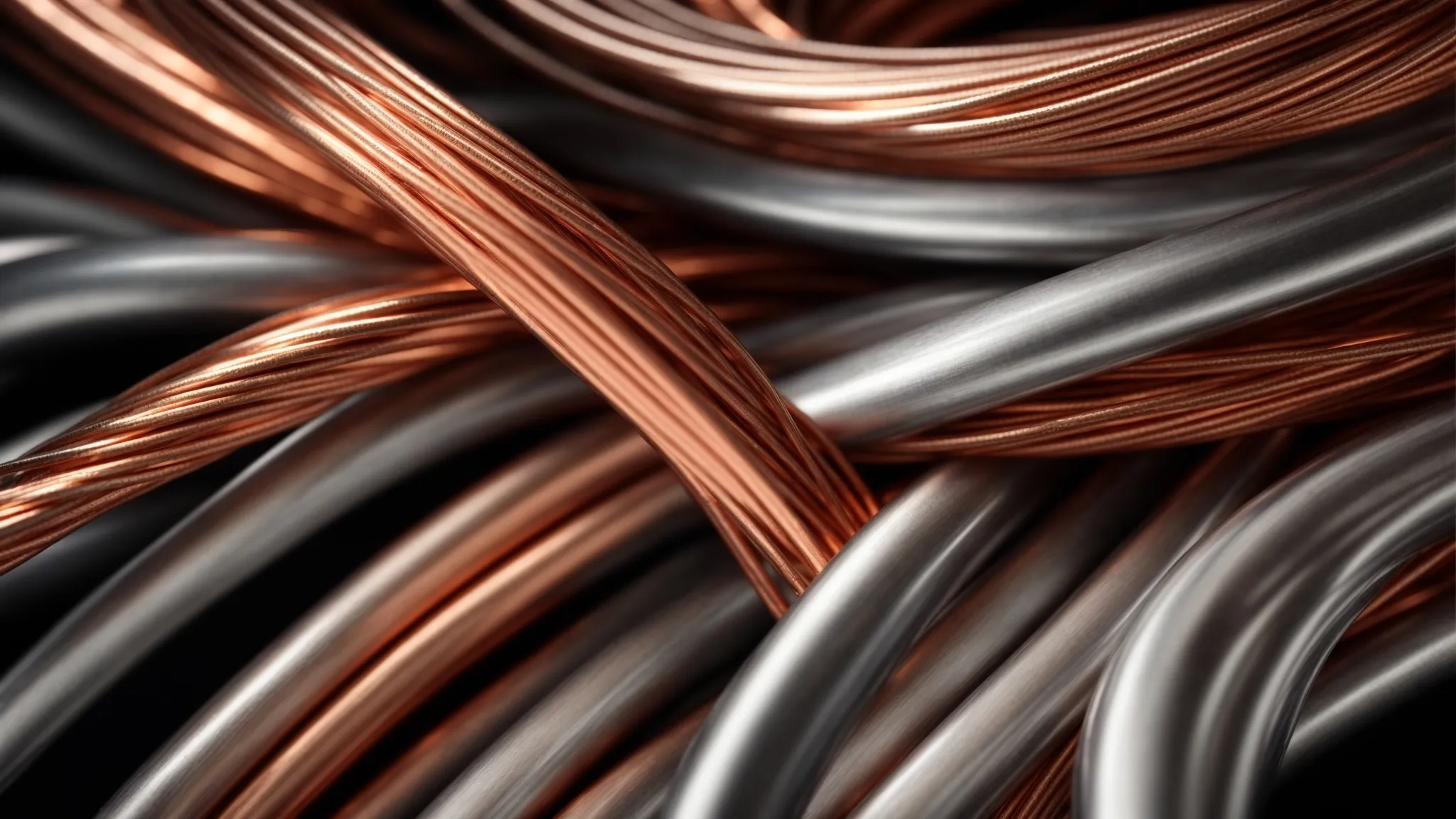 a thick aluminum cable runs alongside traditional copper wires, brightly illuminated to showcase its sleek, silver surface against a dark background.