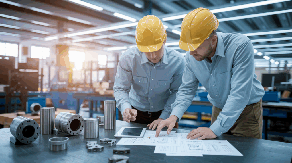 engineer and a fabrication technician reviewing technical part drawings and a production schedule on a tablet, with OEM metal parts on the table. 