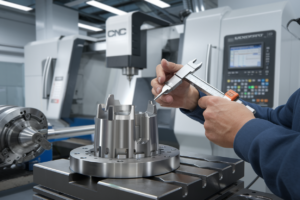 technician inspecting or measuring a metal part using calipers or a coordinate measuring machine (CMM)