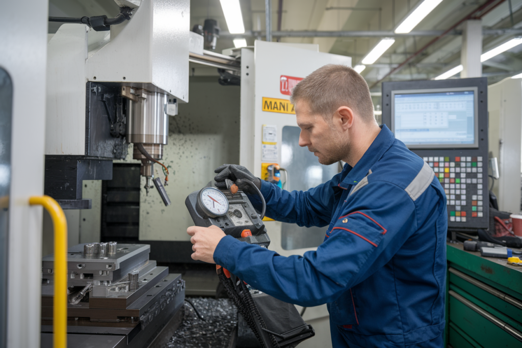 technician performing maintenance on a CNC machine or industrial metal fabrication equipment.