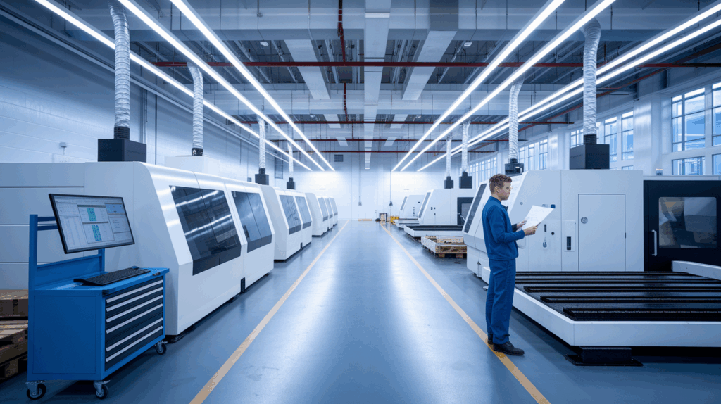 industrial fabrication facility with modern CNC machines and laser cutting equipment in operation.