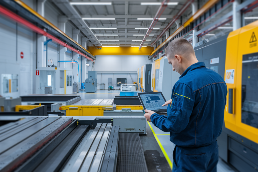 a technician conducting preventive maintenance on industrial metal fabrication equipment in a modern facility. 