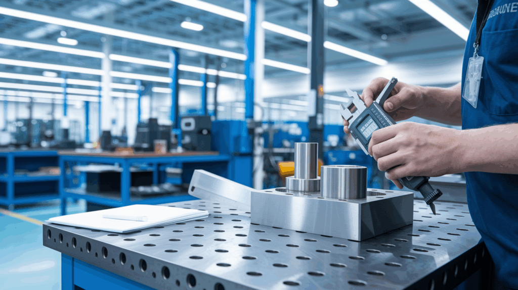 metal fabrication quality control station in a clean, well-lit industrial facility