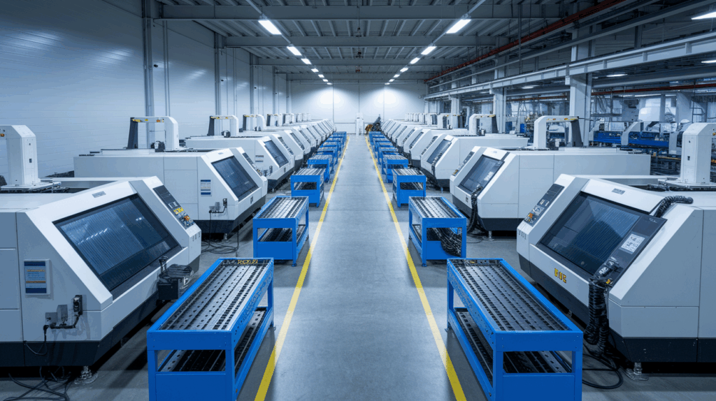 manufacturing floor with rows of metal fabrication equipment, showing CNC machines, laser cutters, and technicians in safety gear.
