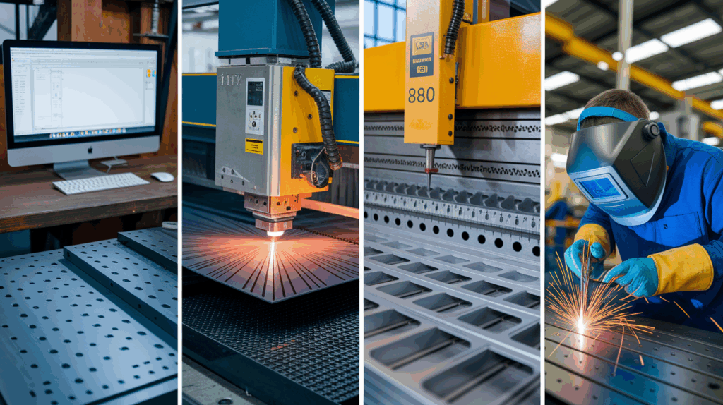 key stages of metal fabrication: CAD modeling on a computer, laser cutting of sheet metal, a press brake bending metal, and a welder working with protective gear.