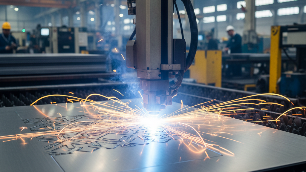 high-powered industrial laser cutting precise patterns into a flat sheet of stainless steel