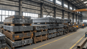 Raw metal sheets and steel beams stacked in preparation for custom fabrication
