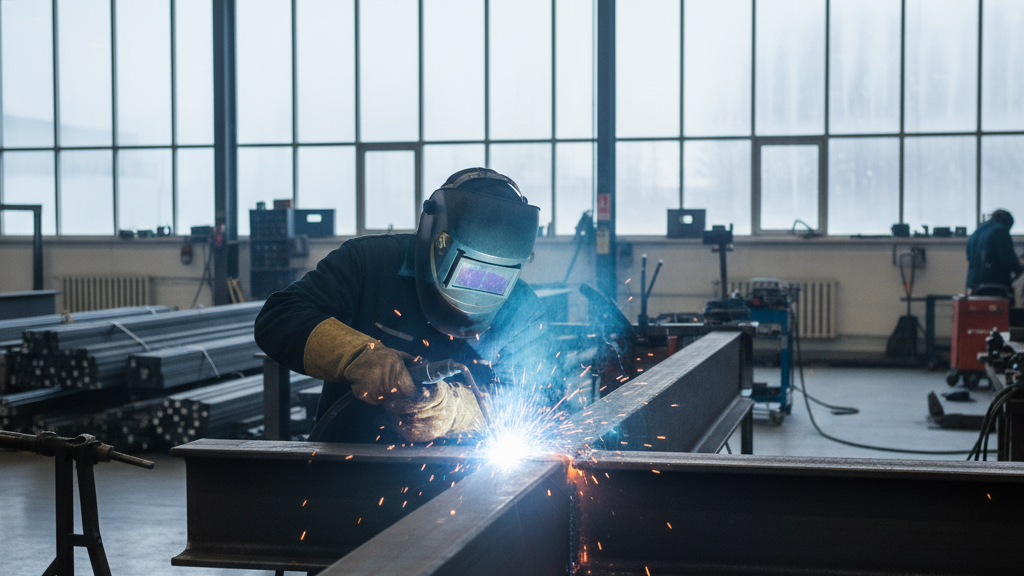 Close-up of steel structural beams welded together for industrial support